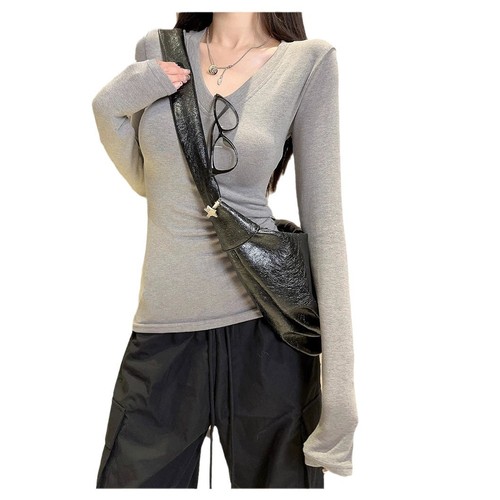 American-style spicy V-neck plush long-sleeved T-shirt for women, 2025 new autumn top for layering, basic undershirt top