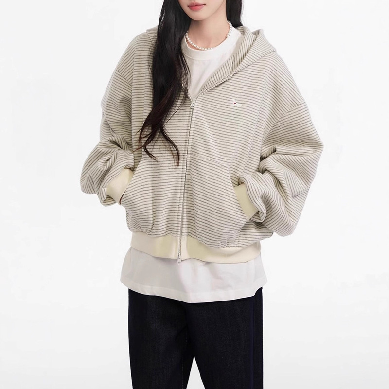 King Prince Autum Korean Style Loose Stripesd Cardigan Hooded Sweatshirt Women's Casual Long-Sleeved Jacket