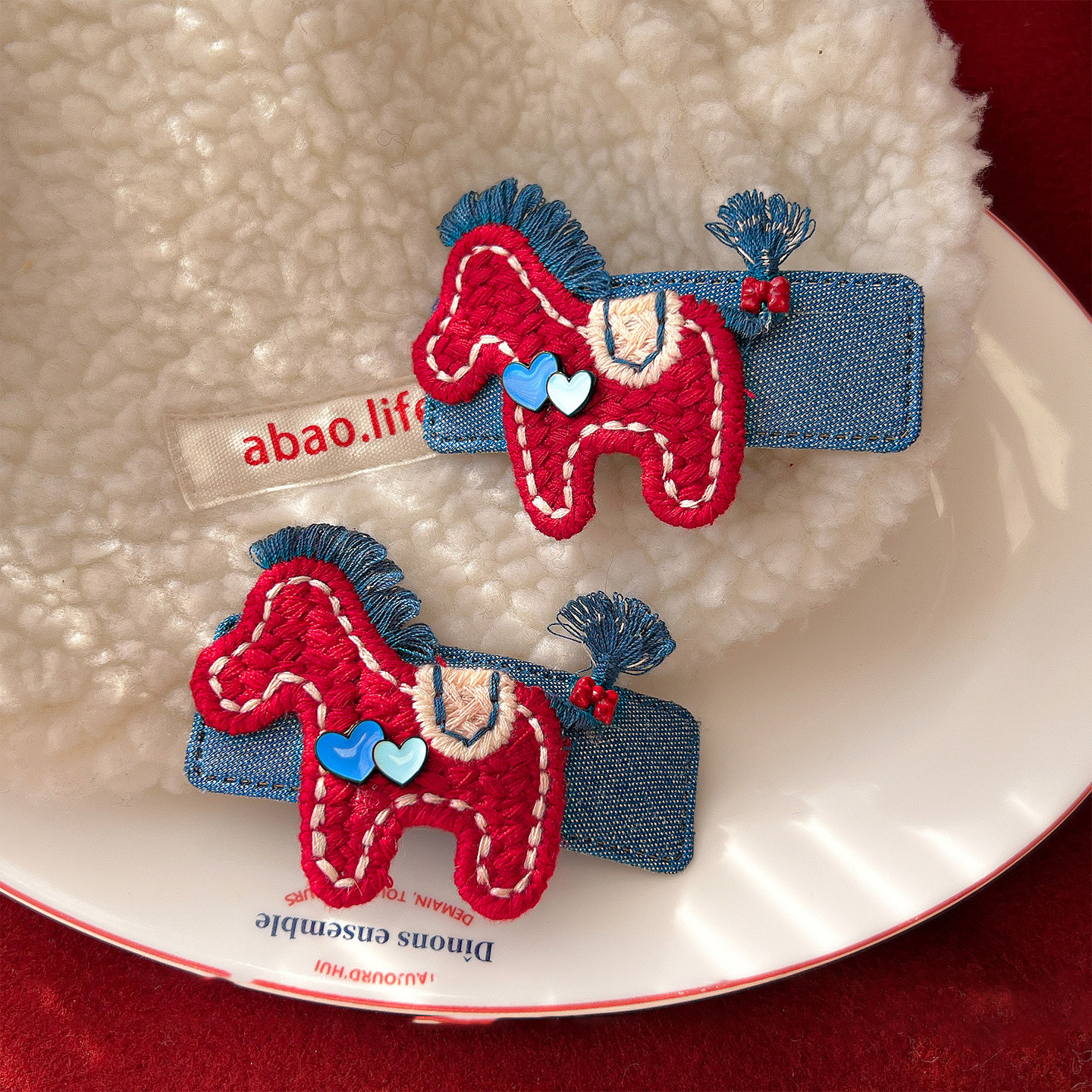 new year red pony denim barrettes female cartoon side bb clip cute bangs clip 2026 hairpin children‘s hair accessories
