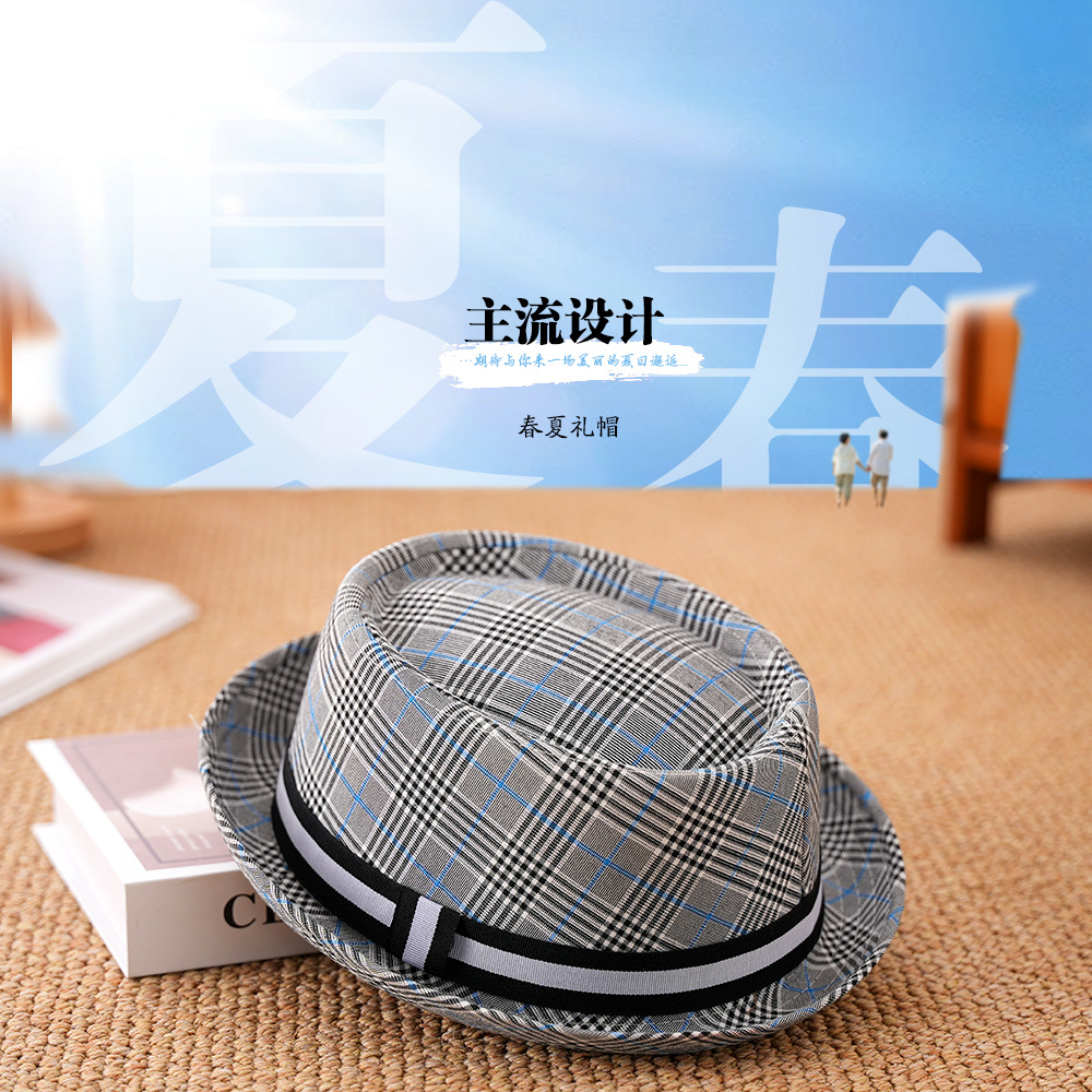 Sombrero de nuevo estilo para hombre, sombra de ala corta de verano, sombrero de caballero de jazz a cuadros de moda, sombrero de copa de cúpula de todo fósforo británico para mujer