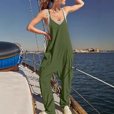  European and American Women's Fashion Amazon Size Cross-border E-commerce Standalone Item Solid Color Zipper Pouch Straps Bodysuit Full Thigh Pants