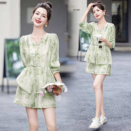 新中式国风套装女2024夏新款小香风绿色气质显瘦开衫短裤两件套
