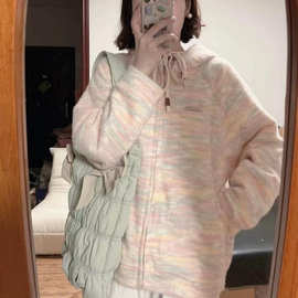 韩版彩虹条纹软糯慵懒风宽松2025女装拉链连帽毛衣秋冬季甜美少女