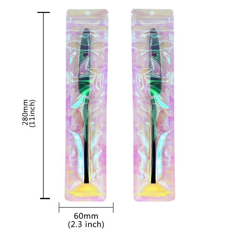 Bolso sellado de tira larga con orificio colgante, bolsa sellada hermética de yin y yang translúcida con láser grueso, cable de datos de joyería, bolsa de embalaje de cepillo de maquillaje