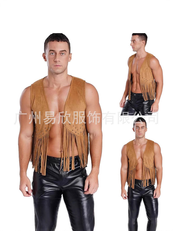 Tassel Vest Men's Faux Suede Front Open Vintage Vest Sleeveless 70S Boho Western Jacket