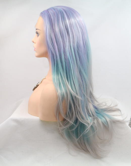 Cabello largo, azul degradado, cabello lacio, casco africano, peluca de red rosa, peluca rizada pequeña LW0267