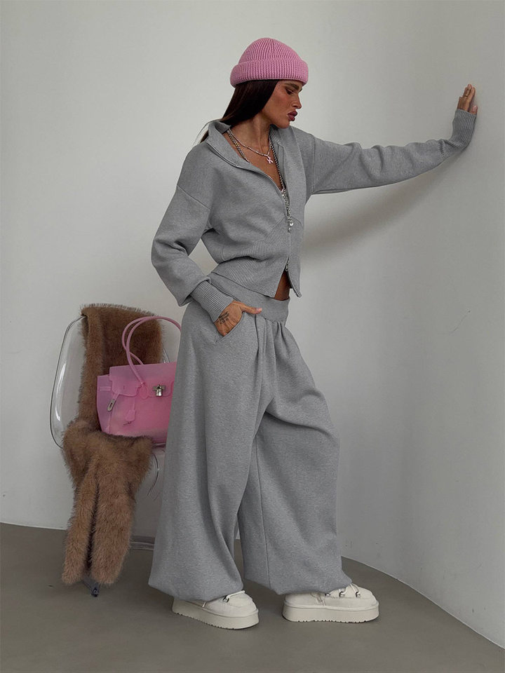 Set áo len cardigan dáng rộng phối quần ống lồng hai dây kéo — màu hồng, màu xám chi tiết 13