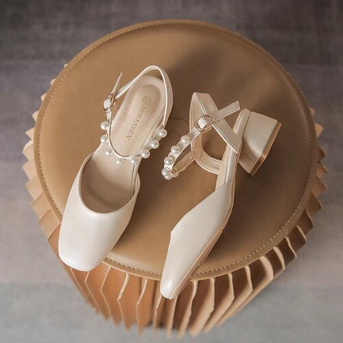 Pearl baotou thick heel sandals female fairy style summer all-matching thick heel gentle middle heel Mary Jane single-layer shoes