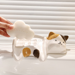 三花猫沥水肥皂碟卡通陶瓷肥皂碟卫生间浴室洗手台不积水香皂碟