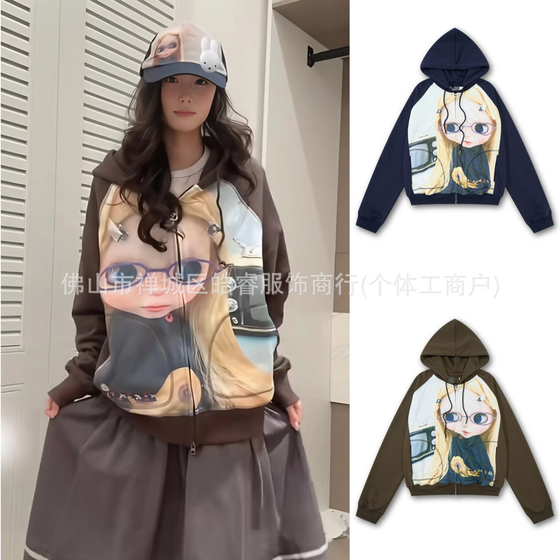In-Stock Korean Niche Brand Coy* X Little B Doll Collaboration Digital Print Cute Hooded Sweatshirt Jacket Top