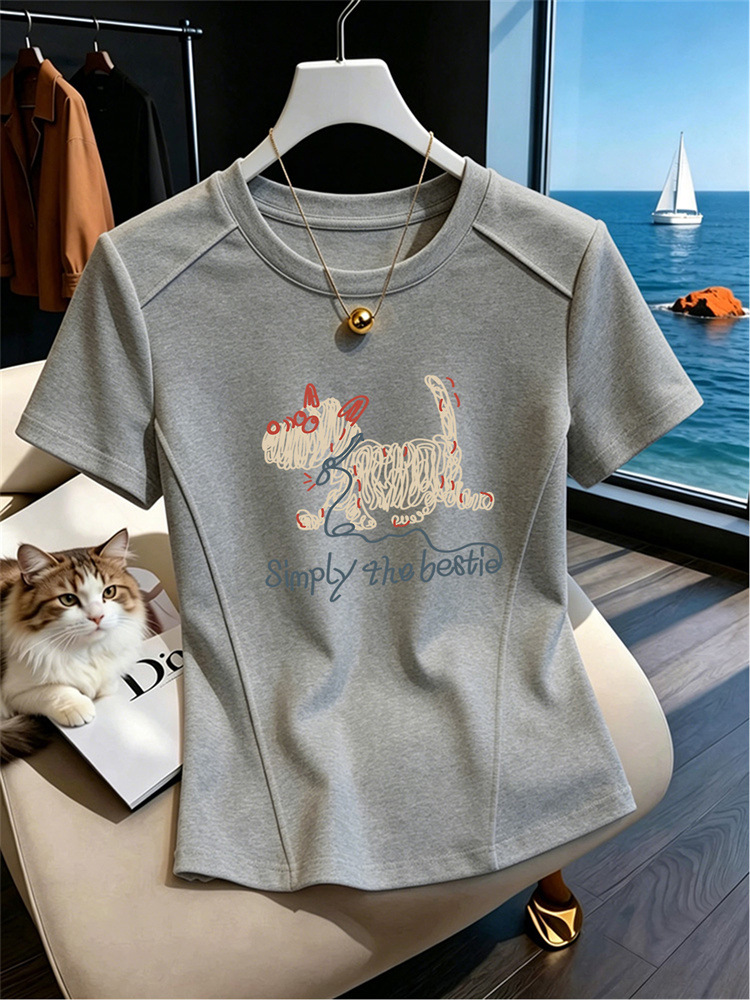 Women's Korean-Style Fashion Versatile Slim-Fit Cotton Round-Neck Short-Sleeve T-Shirt Summer Top