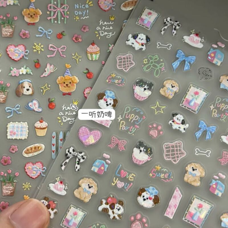 Korean Soft Cute Graffiti Puppy Bow Nail Art Sticker Ins Hand-Painted Cute Puppy Handbook Sticker Shell Light