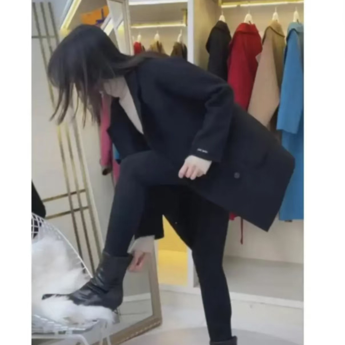 가을과 겨울 패션 더블 브레스트 세트 칼라 양면 트위드 코트 블랙