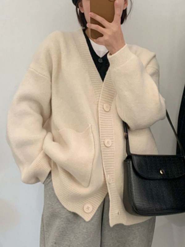 2025秋冬新款韩版V领纯色毛衣外套女宽松百搭休闲慵懒风针织开衫|undefined