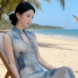性感时尚印花旗袍K歌足浴SPA茶艺柔式技师工作服气质修身晚礼服