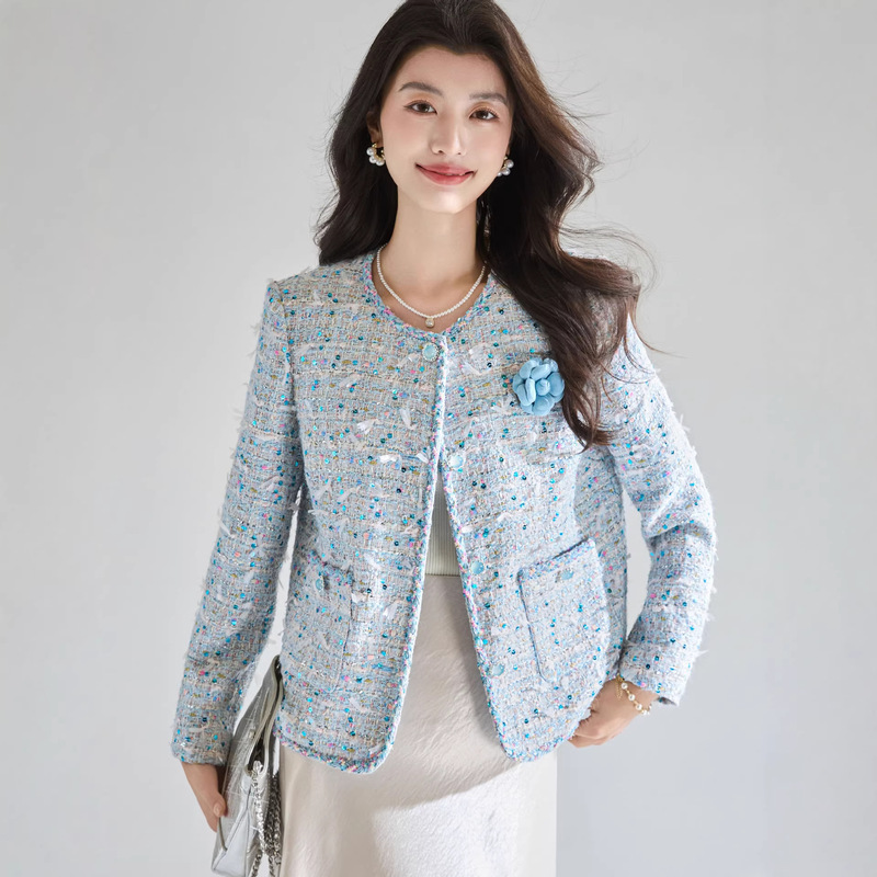 【Shenghong】Spring Season Chanson Paris Blue Heavy Sequin Special Yarn Elegant Chanel-Style Jacket 【Shenghong】Spring Season Chanson Paris Blue Heavy Sequin Special Yarn Elegant Chanel-Style Jacket