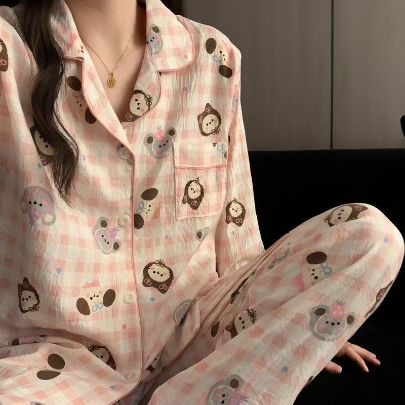 Al por mayor transfronterizo 2026 nuevo pijama de mujer nubes de algodón pantalones de manga larga cardigan con solapa de dibujos animados ropa para el hogar se puede usar fuera