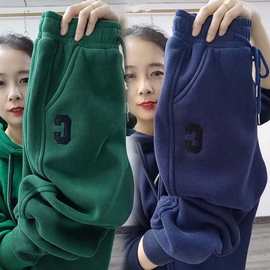 欧货冬季加绒加厚卫裤女高腰束脚哈伦长裤新款刺绣运动裤潮