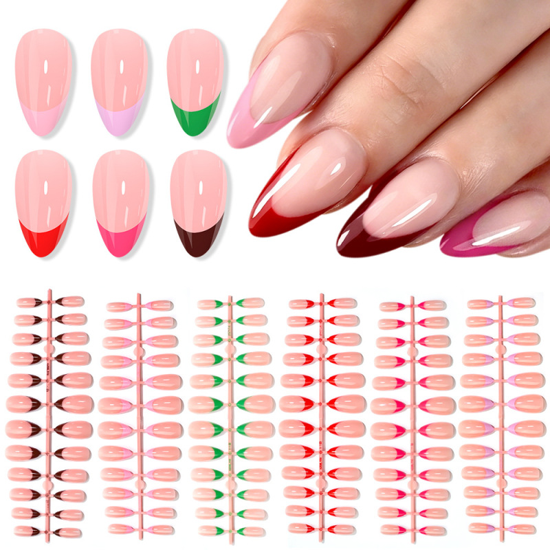6-Color French-Style Almond-Shaped Press-On Nails in Nude Base Colors, Red, Pink, Green, Purple, Brown, French-Style Pointed Nails, Thin Soft Gel Fake Nails