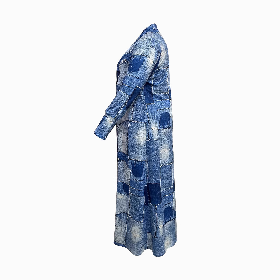 Giacca a vento lunga da donna con stampa denim - Giacca blu versatile senza collo con chiusura a zip integrale_voghion.com