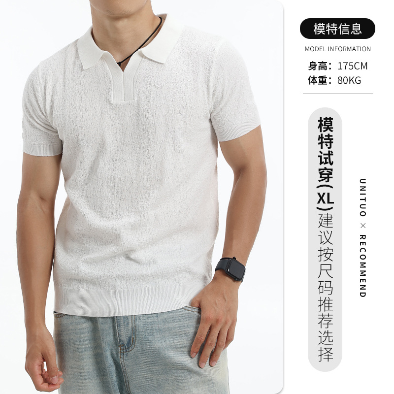 Europa y América transfronterizos textural hombre polo cuello V de punto de manga corta negocios casual alta sensación de ropa de hombre