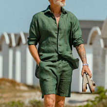 2024跨境欧美男装亚麻夏季翻领长袖绿色衬衫短裤两件套休闲套装