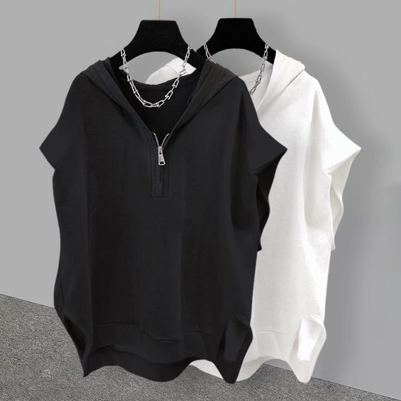 Plus Size 150kg Solid Color Zipper Hooded Sleeveless Vest Men's Summer Trendy Casual Loose Waistcoat
