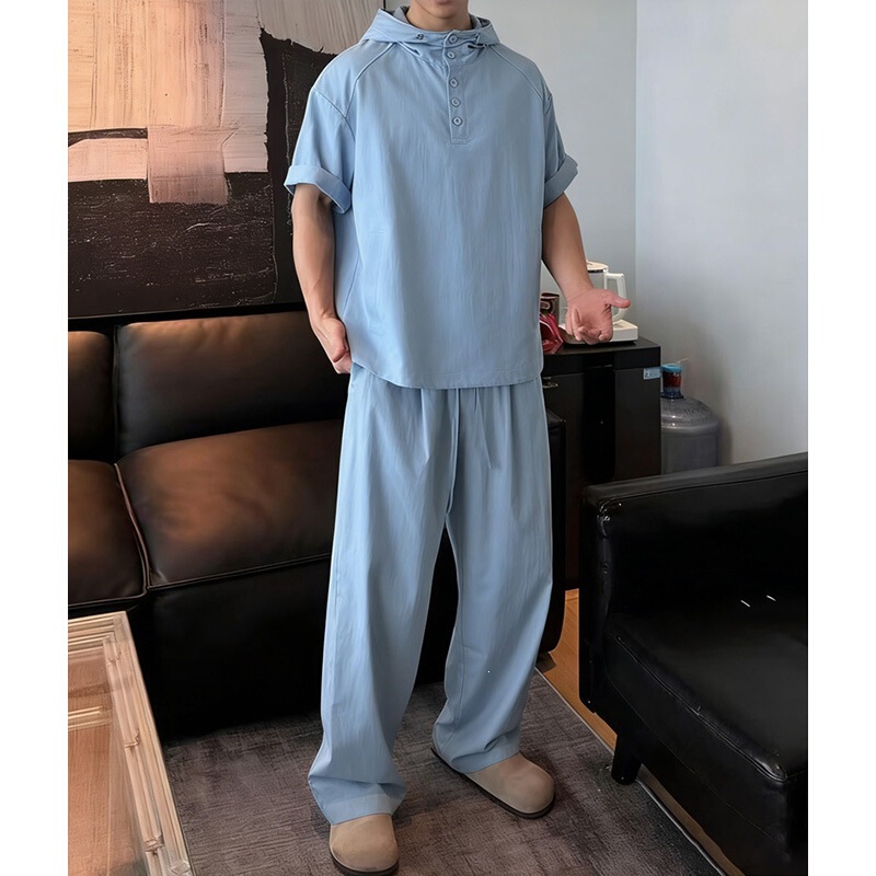 2026 Super Trendy Age-Reducing Denim Hooded Short-Sleeve Shirt Set for Men Paired with Lightweight Breathable Cotton-Linen Pants Set