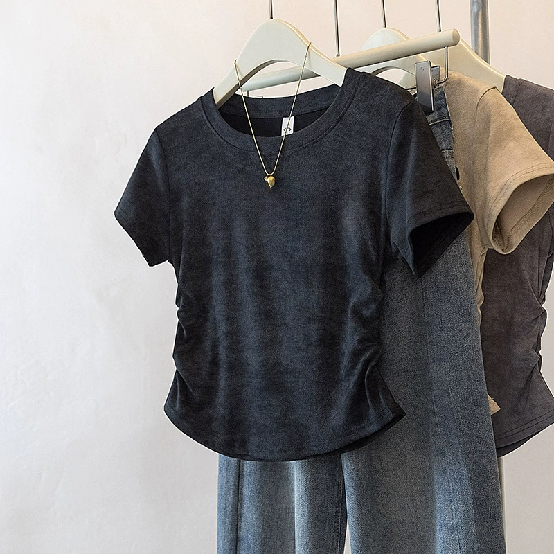 В наличии 2025, новый летний стиль, слегка толстая женская футболка больших размеров с короткими рукавами, закрывающая живот и утягивающий топ с круглым вырезом