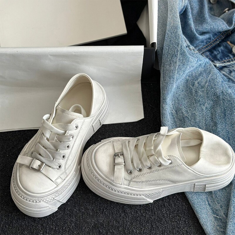 Cowhide Version~Vintage Distressed Shoes, Thick-Soled White Sneakers, Versatile Casual Sports Sneakers, Lace-Up Canvas Shoes for Petite Individuals