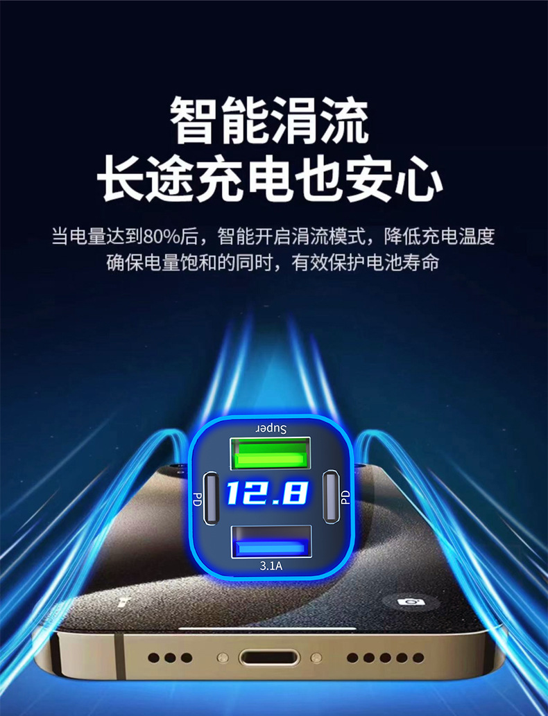 Mobile Phone Charger Fast Charging Head with Four Ports, Dual Pd, Mini Flash Charging, Smart Digital Display, Car Charger Head, USB Mini Four Ports