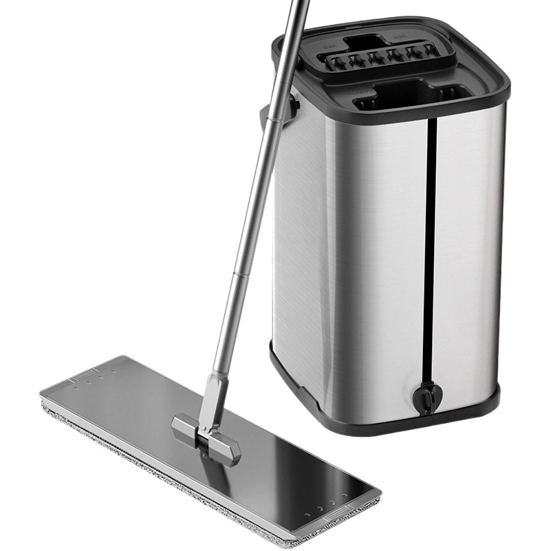 Готовый к отправке набор: швабра и ведро, ленивая швабра-скребок из нержавеющей стали, плоская швабра без использования рук для домашнего использования, незаменима для мытья полов и удаления воды.