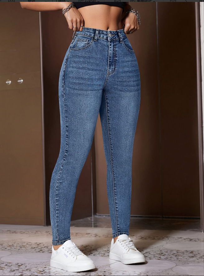 Retro Washed Slim Fit Casual Fashion Women's Pants Solid Color Elastic Versatile Cotton Denim Jeans_ecoleips.com