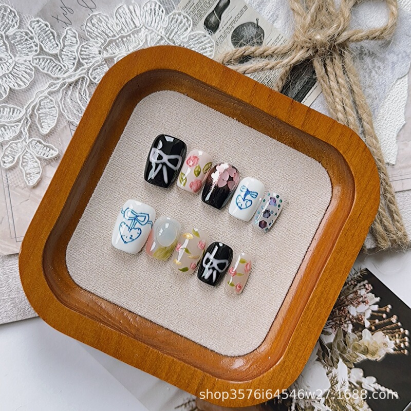 Purely Handmade Wearable Nails, Light Luxury and Sweet Ins Style, Handmade Art Nails with Bows, Korean Floral Design, Brightening Nails