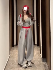 休闲时尚运动套装女早秋拼色大兜帽短款卫衣抽绳宽松阔腿裤两件套