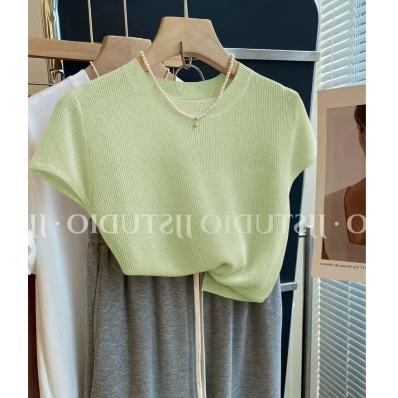Thread Joker! South Korea Dongdaemun Elegant Round Neck Simple Solid Color Sweater Short Sleeve Top Women's 2025 Summer