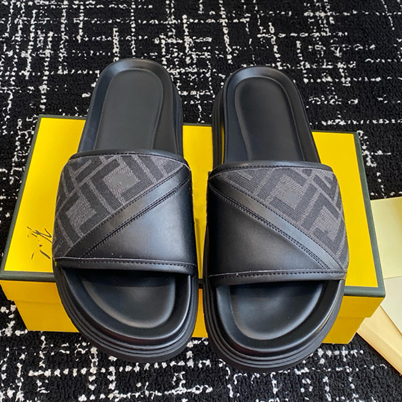 Zapatillas de hombre de suela gruesa FD Singapur Vietnam Turquía 2025 verano cuero FF letras jacquard presbies chanclas