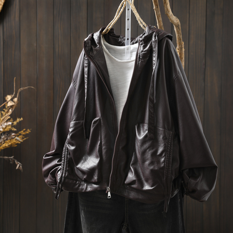 Women's High-End Leather Jacket 2025 Autumn New Retro Hooded Personalized Pocket Loose Cool Soft Leather Top