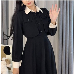 早秋季裙子2025年新款黑色法式连衣裙女春秋装内搭假两件收腰长裙