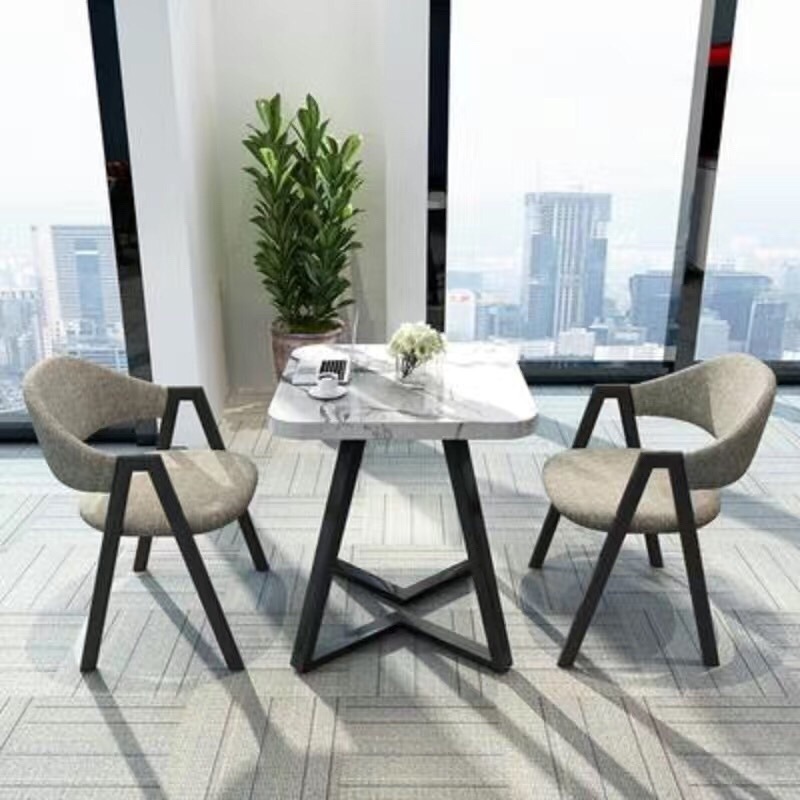 두꺼운 V다리의 인조대리석 사각테이블 - 그레이 린넨