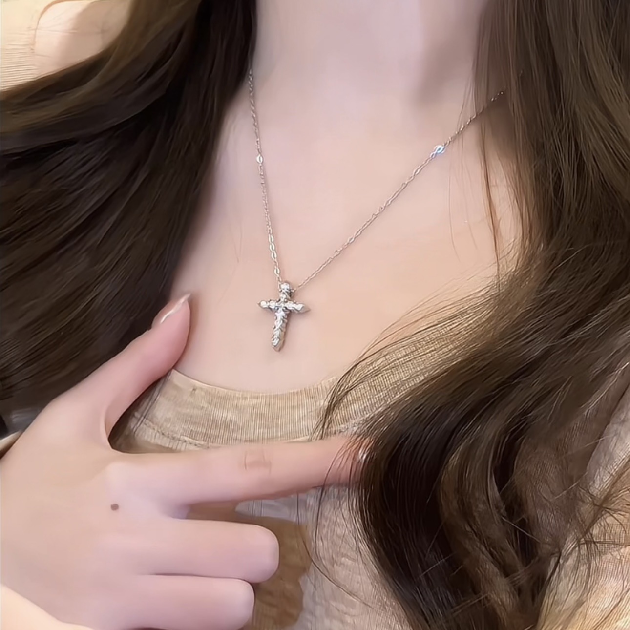 bm cross necklace encrusted with diamonds zircon ins sweet cool hot girl niche design all-match rhinestone necklace female love