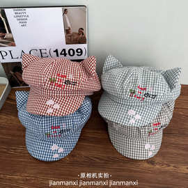新款可爱格子猫耳贝雷帽女夏甜美刺绣八角帽百搭显脸小报童画家帽