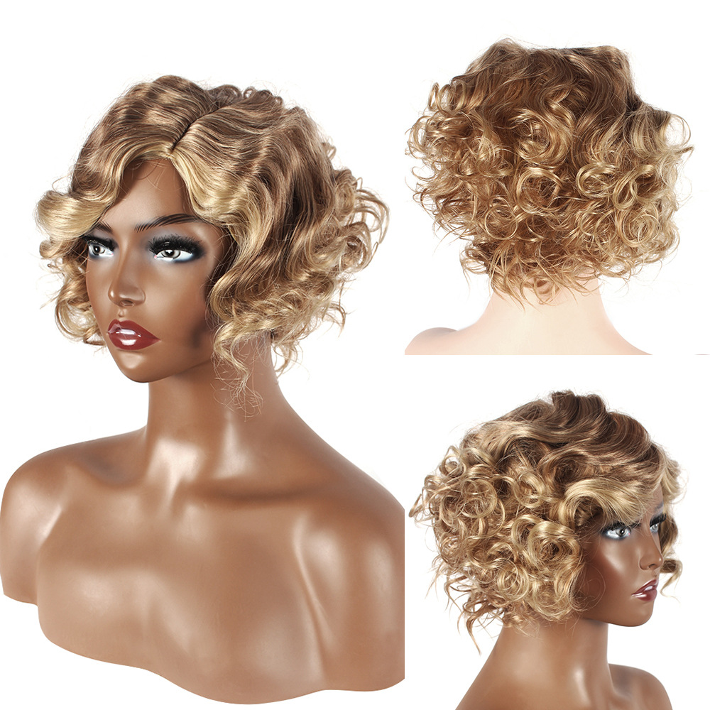 Peluca de comercio exterior transfronterizo de las mujeres europeas y americanas de longitud media corta rizado color mezclado esponjoso COS cabeza cubierta caliente venta nueva peluca