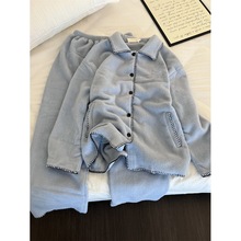 韩系高级感灰色法兰绒睡衣女秋冬新款开衫长裤家居服套装可外穿