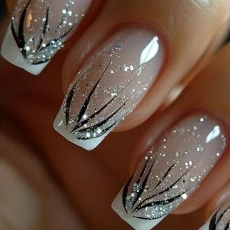 Fashionable and Simple White French-Style Black Claw-Mark Design Silver Sparkling Wearable Nails Fake Nails Cross-Border Nail Art Nail Pieces