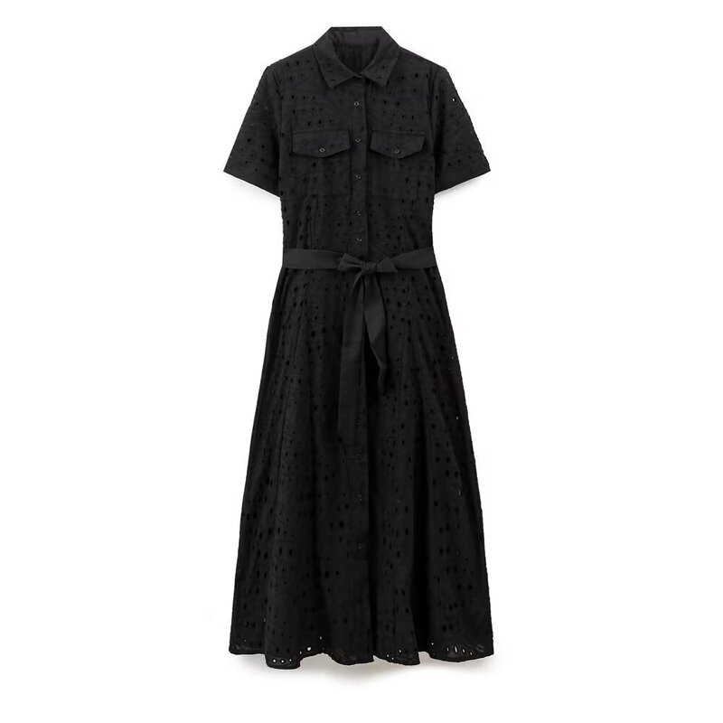 Cross-Border Wholesale European and American 2025 Summer Casual Lapel Belt Shirt Style Embroidered Long Dress for Women E74293