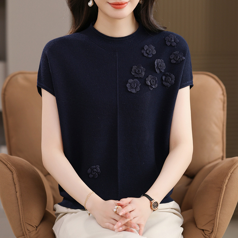 2025夏秋中年妈妈夏装时尚洋气上衣50岁中老年女短袖针织衫毛衣女|undefined