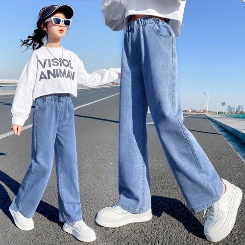 Girls jeans wide leg pants spring and autumn new children's wear fashionable loose long pants medium and large children's straight pants