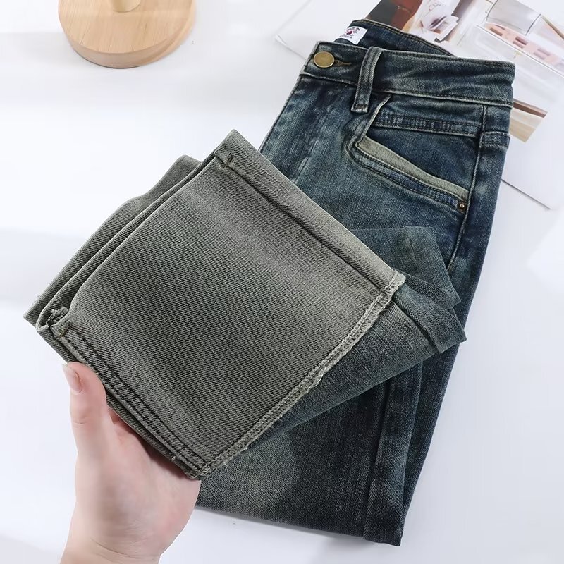 Stitching Pipe Pants Women's Fall/Winter 2023 New Loose Slimming Stretch Cropped Straight Denim Pants Small