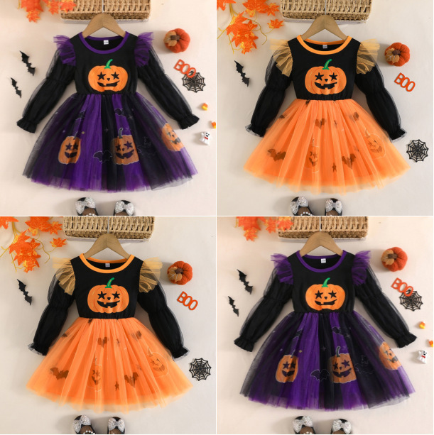 2026 Girls' Halloween Pumpkin Long-Sleeve Mesh Princess Dress with Puff Sleeves for Party Cosplay Puffy Tulle Dress 2026 Girls' Halloween Pumpkin Long-Sleeve Mesh Princess Dress with Puff Sleeves for Party Cosplay Puffy Tulle Dress